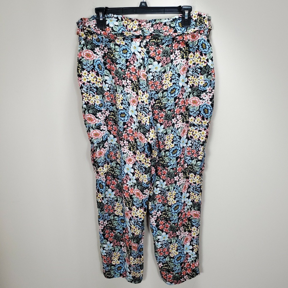 LOFT Floral Paperbag Waist Tie Front Tapered Pants Multi Color Womens Large - Picture 3 of 12